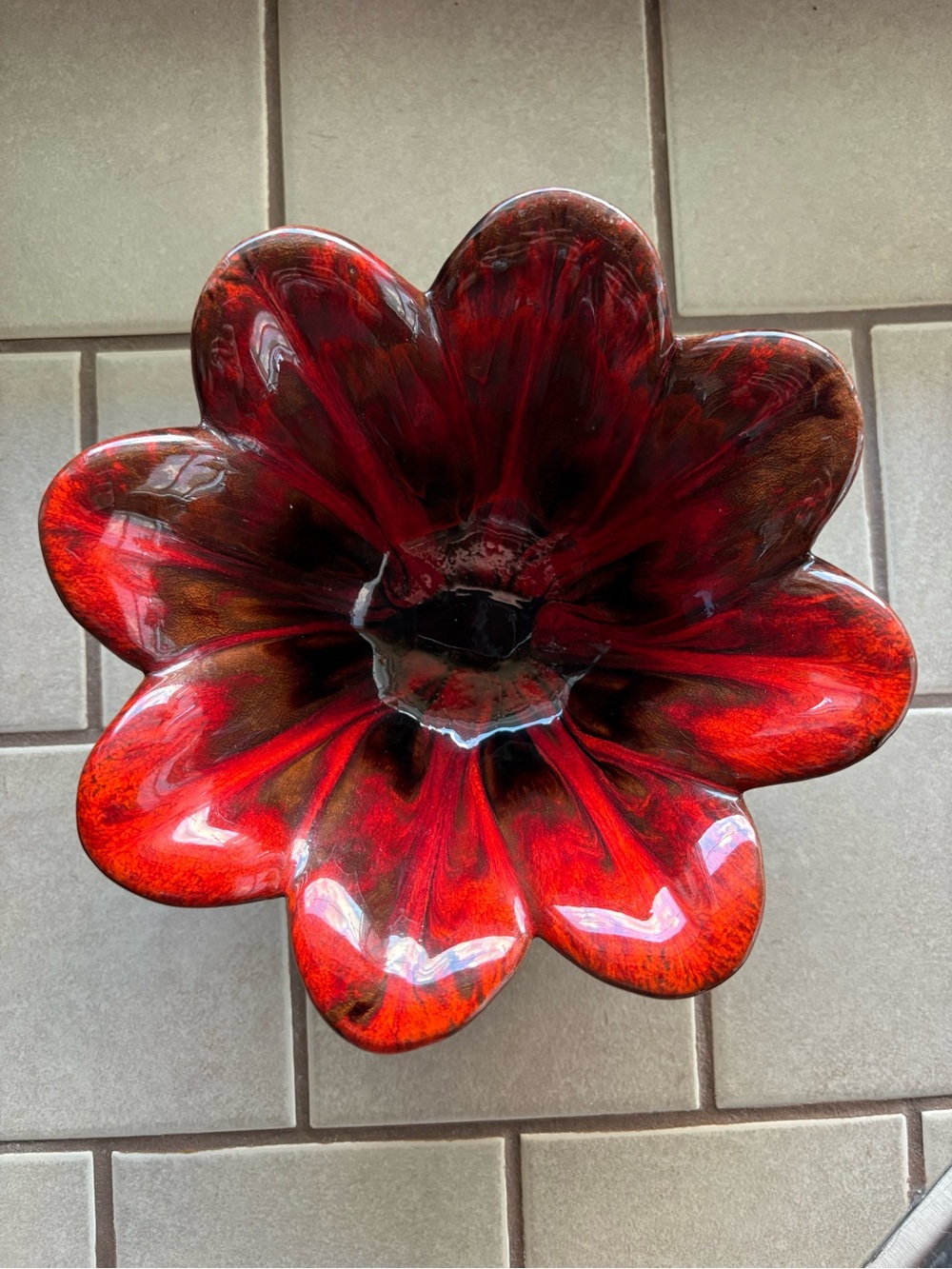 VTG Evangeline Pottery Canada 968 Red Drip Glaze Flower Bowl Mid-Century Modern